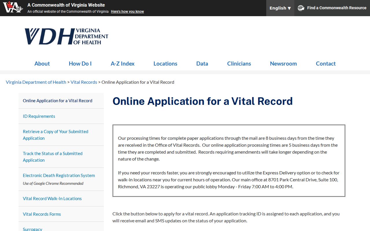 Chesterfield residents directory Virginia vital-record application page